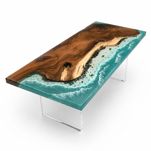92.5" L × 46.5" W × 2" T Walnut Ocean Beach Waves Epoxy Resin Dining Table