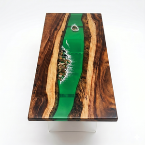 Walnut Coastal Pebble Green Island Epoxy Resin Dining Table