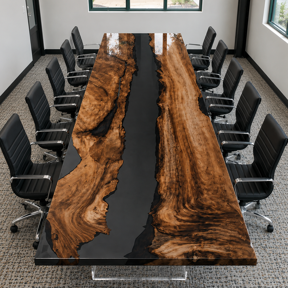 Black Walnut High-Gloss Black Transparent Epoxy Resin Conference Table