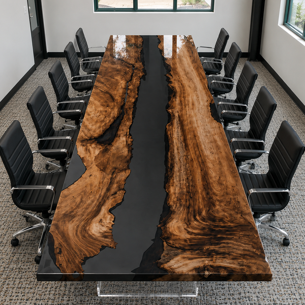 Black Walnut High-Gloss Black Transparent Epoxy Resin Conference Table