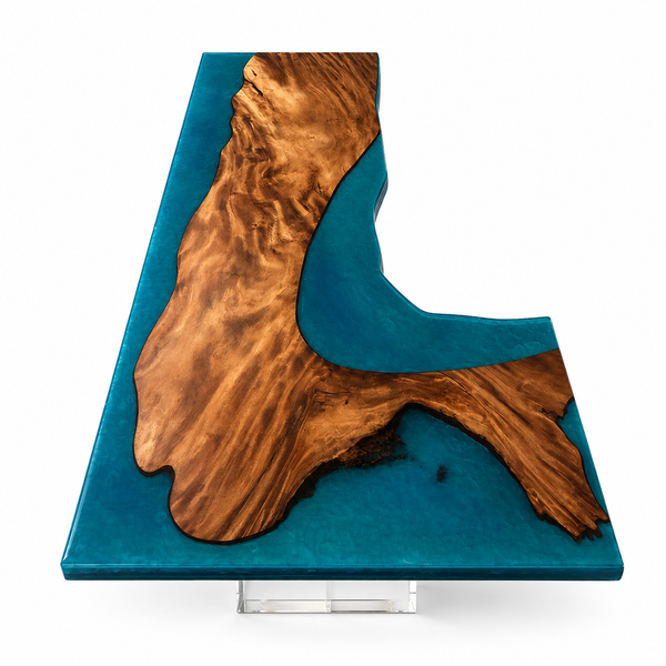 Walnut Wood L-Shaped Ocean Blue Flow Epoxy Resin Desk Table