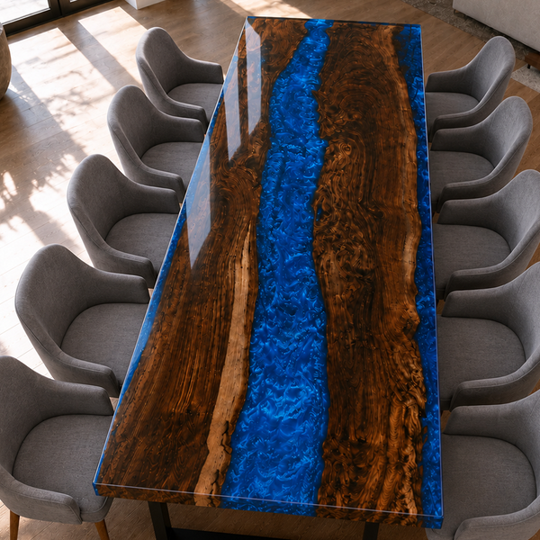 Black Walnut Wood Sapphire Blue River Epoxy Resin Dining Table