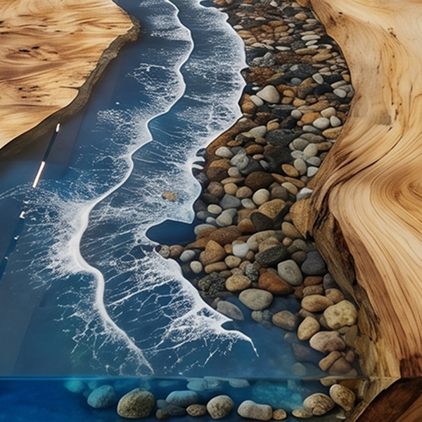 Poplar Burr River Pebble and Wave Epoxy Resin Dining Table