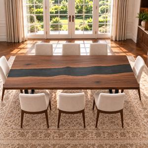 Long-side view of the walnut and black resin table facing French windows.
