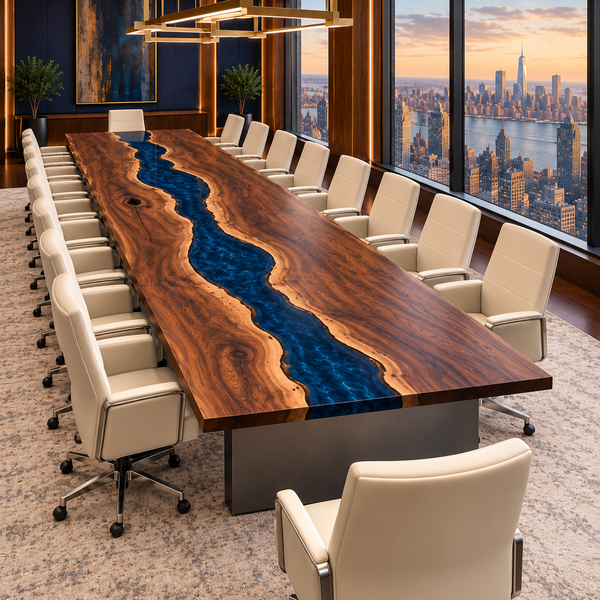 Reverse view of the Bluehaven rectangular black walnut conference table with blue epoxy.
