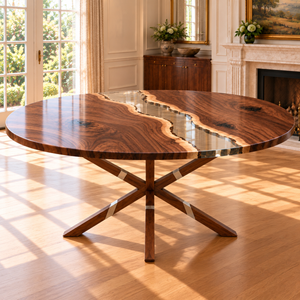 Low front view of the complete walnut dining table and its crossed wood-tone support.