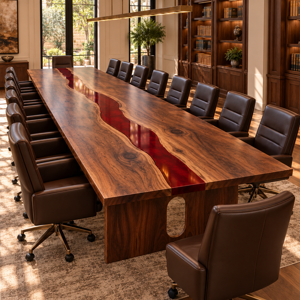 Reverse view of the Crimsonbend rectangular black walnut conference table with red epoxy.
