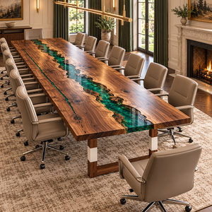 Reverse view of the Emeraldjunction rectangular black walnut conference table with green epoxy.