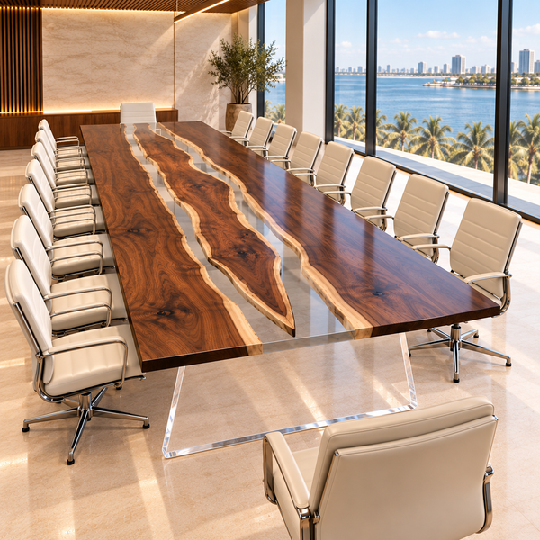 Reverse view of the Glassmeadow rectangular black walnut conference table with clear epoxy.