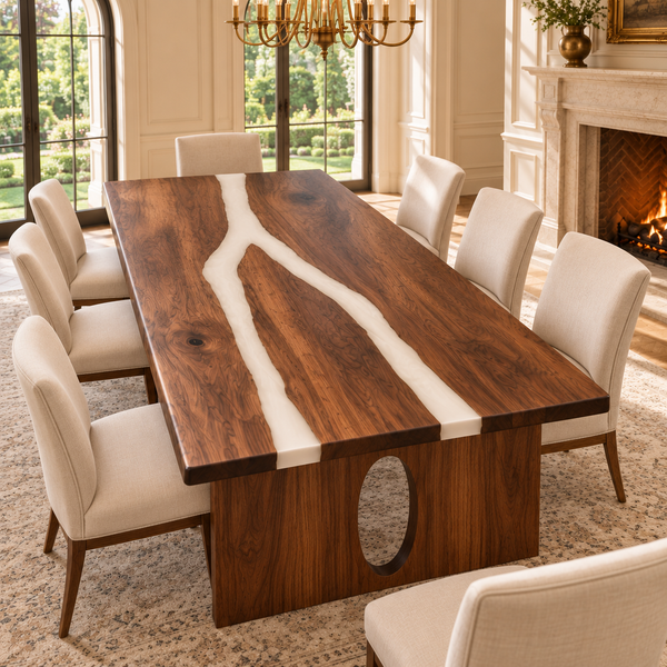 Reverse view of the Ivorybranch rectangular walnut dining table with white epoxy.