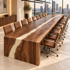 Reverse view of the Ivorycascade rectangular black walnut conference table with white epoxy.
