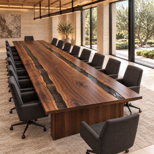 Reverse view of the Obsidianreach rectangular black walnut conference table with black epoxy.