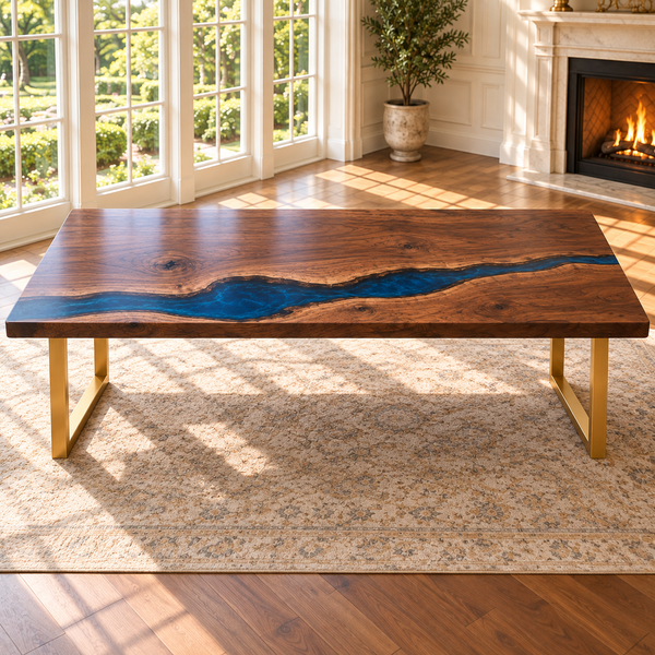 Long-side view of the Rivercrest rectangular walnut and blue epoxy dining table in an elegant dining room.