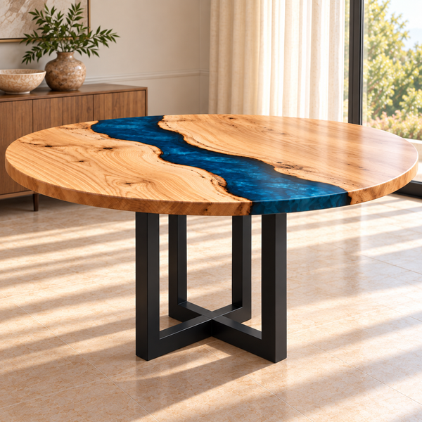 Low front view showing the round ash table edge and black intersecting frame base.