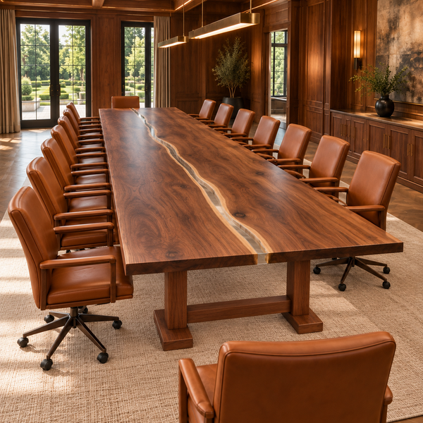 Reverse view of the Stillwater rectangular walnut conference table with black epoxy.