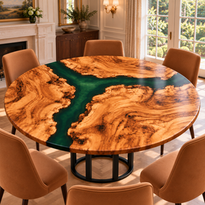 Reverse view of Verdant Isle with six camel dining chairs in a traditional dining room.