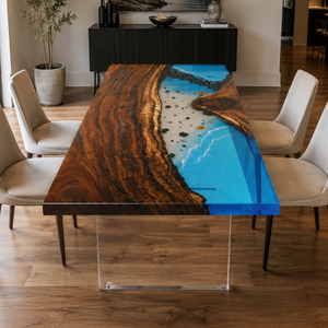 71" × 35.5" × 2" Walnut Wood Sea Coast Flow Epoxy Resin Dining Table