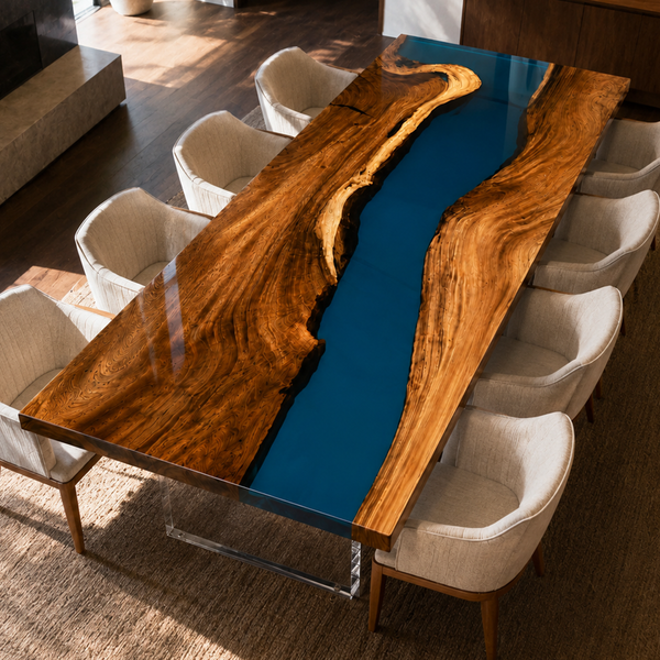 Walnut Blue River Live Edge Epoxy Resin Dining Table
