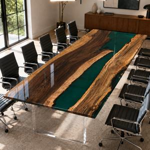 Black Walnut Wood Green River Translucent Epoxy Resin Conference Table