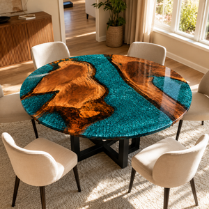Walnut Tree Ring Crystalline Turquoise Epoxy Resin Round Table