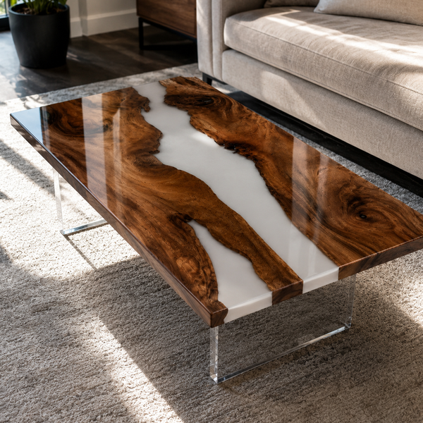 Walnut Natural Grain Milky River Epoxy Resin Coffee Table