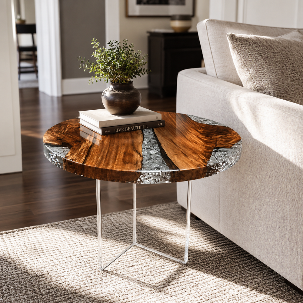 Walnut Glacier Ice Crackle Epoxy Resin Round Side Table