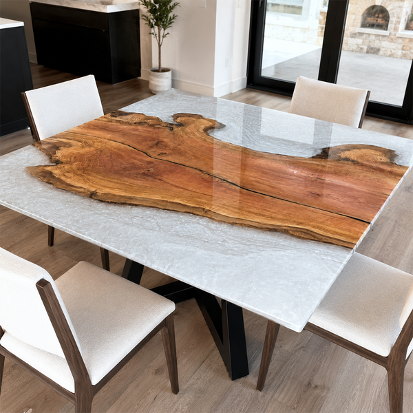 Olive Wood Crystal Tundra Textured Square Epoxy Resin Dining Table