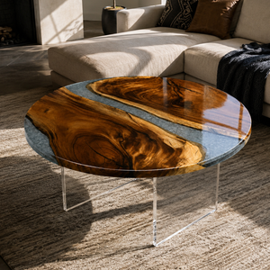 Walnut Glacier Crackle Textured Epoxy Resin Round Coffee Table