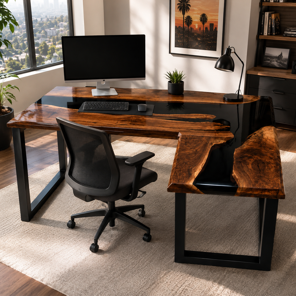 Black Walnut L-Shaped Black River Epoxy Resin Desk
