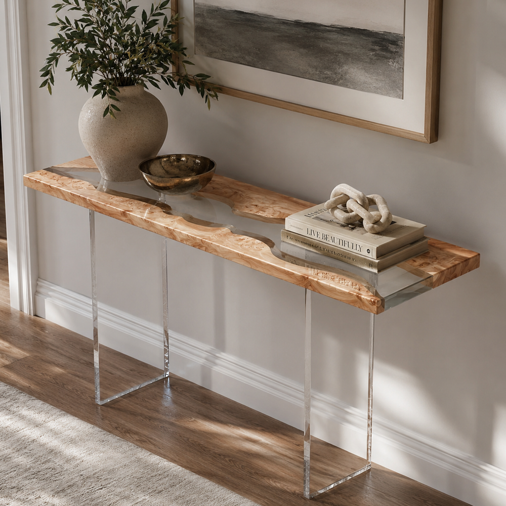 Poplar Burl River Clear Epoxy Resin Console Table