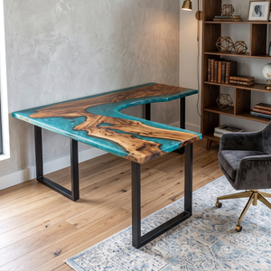 Walnut Wood L-Shaped Ocean Blue Flow Epoxy Resin Desk Table