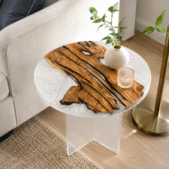 Olive Wood Crystal Tundra Textured Round Epoxy Resin Side Table