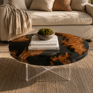 Cunninghamia Burl Black River Archipelago Round Epoxy Resin Coffee Table