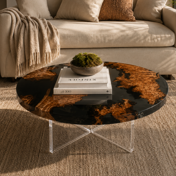 Cunninghamia Burl Black River Archipelago Round Epoxy Resin Coffee Table