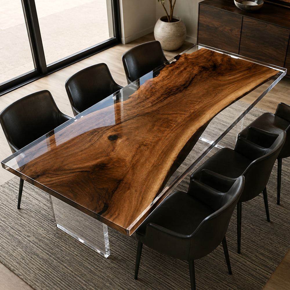 Black Walnut Wood Clear Encapsulated Epoxy Resin Dining Table