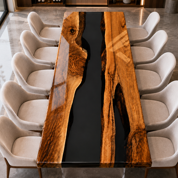 Walnut Wood Obsidian River Epoxy Resin Dining Table