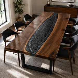 Black Walnut Wood Rectangular Charcoal Inlay Epoxy Resin Dining Table