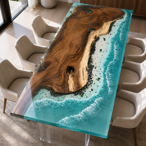 92.5" L × 46.5" W × 2" T Walnut Ocean Beach Waves Epoxy Resin Dining Table