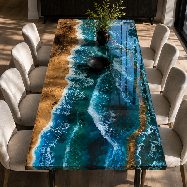 Poplar Wood Sea Wave Fluorescent Epoxy Table