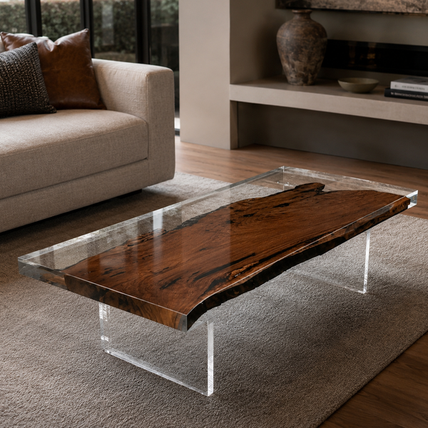 Black Walnut Wood Clear Transparent Rectangular Edge Epoxy Resin Coffee Table