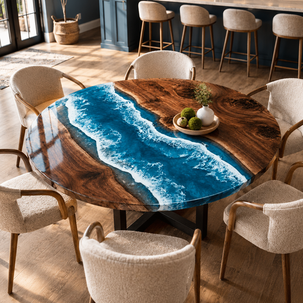 Walnut Seascape Blue Wave Epoxy Resin Round Table