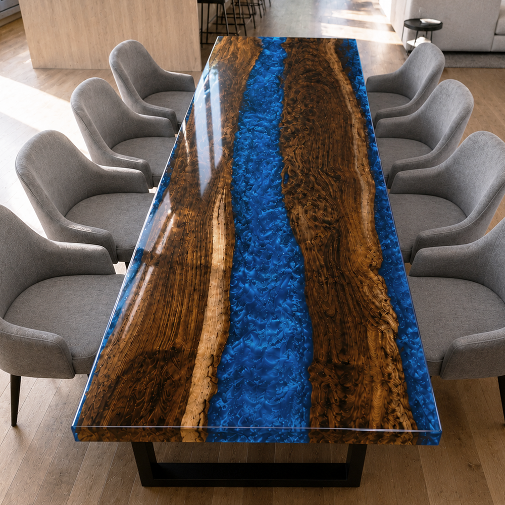 Black Walnut Wood Sapphire Blue River Epoxy Resin Dining Table