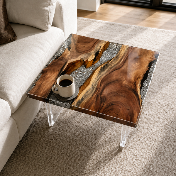 Walnut Crystal Textured Epoxy Resin Side Table