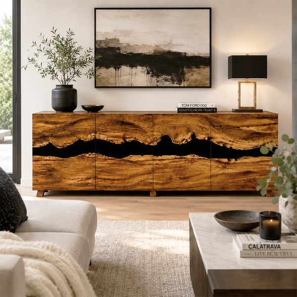 Walnut Wood Black River Inlay Credenza Epoxy Resin Storage
