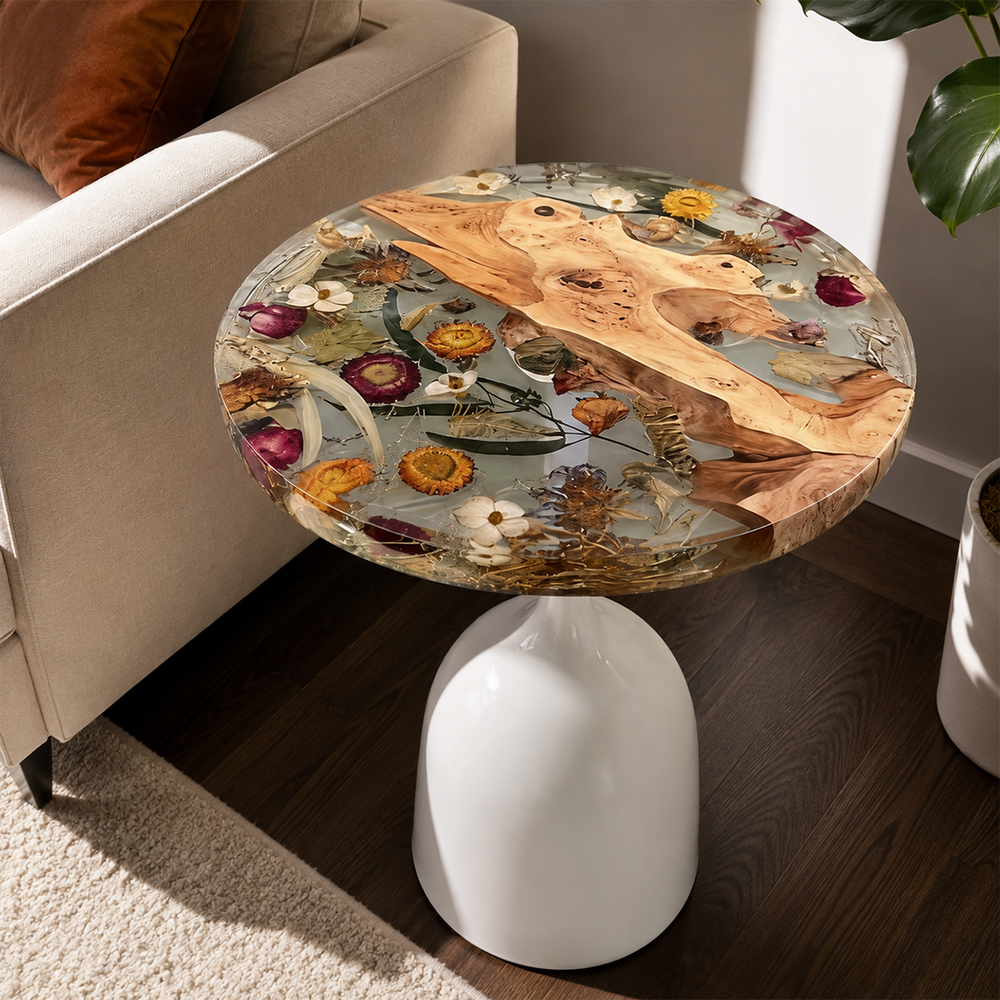 Olive Wood Natural Round Epoxy Resin Side Table