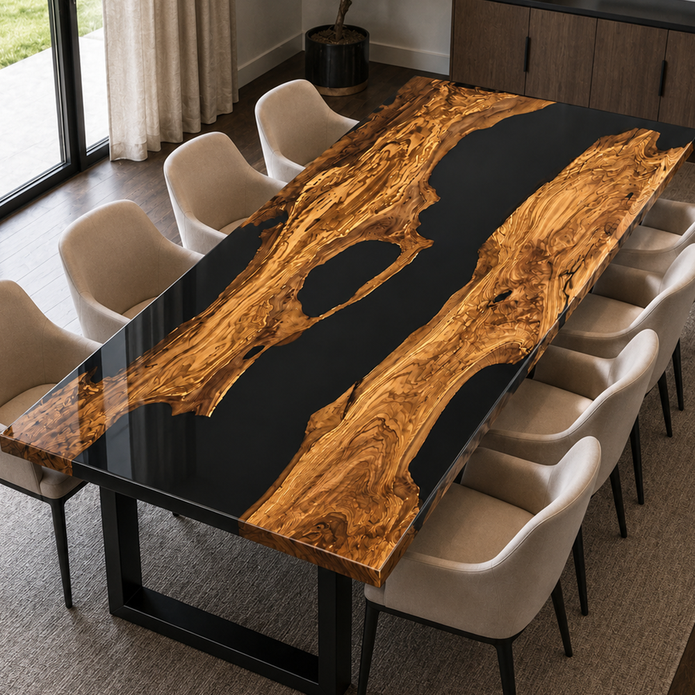 Olive Wood Black River Epoxy Resin Dining Table