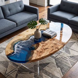 Poplar Ocean Wave Oval Epoxy Resin Coffee Table