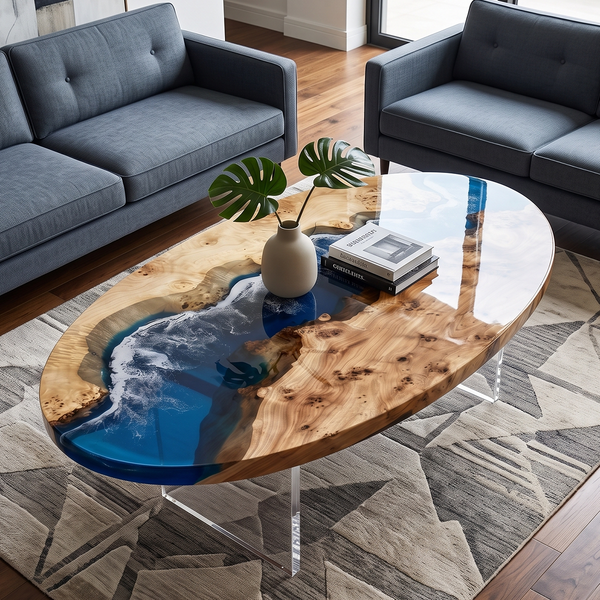 Poplar Ocean Wave Oval Epoxy Resin Coffee Table