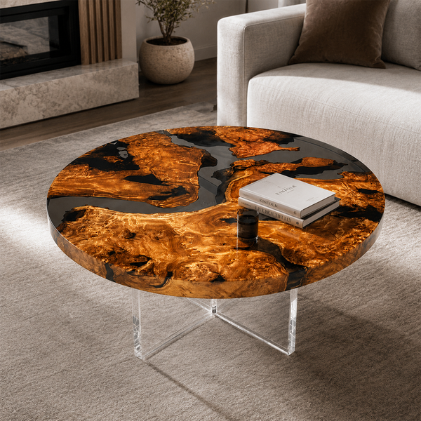 Cunninghamia Burl Black River Round Epoxy Resin Coffee Table