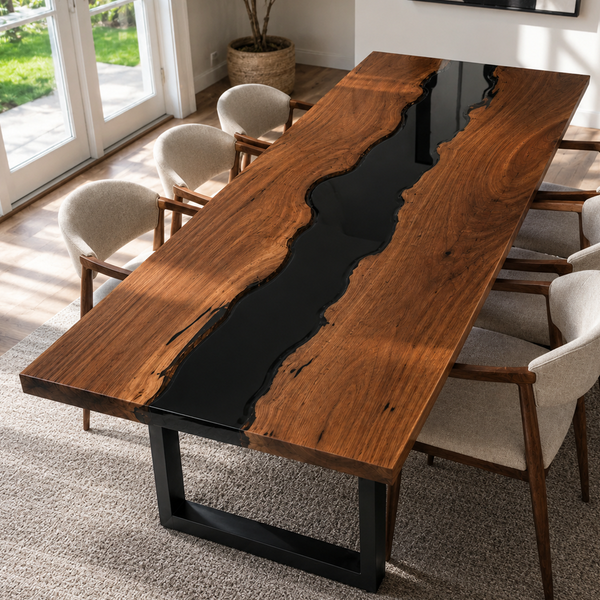 Black Walnut Wood Handcrafted Black River Epoxy Resin Dining Table